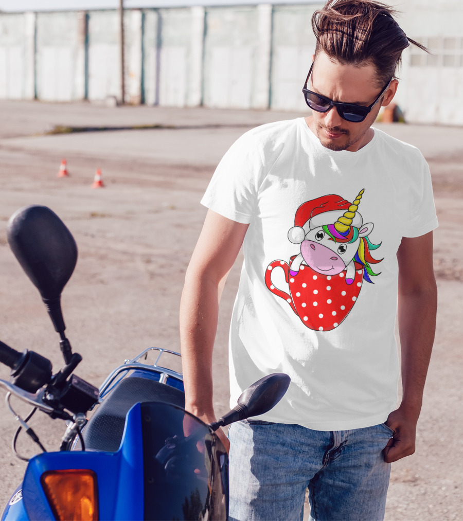 Santa Hat Unicorn In Polka Dot Red Cup T-Shirt