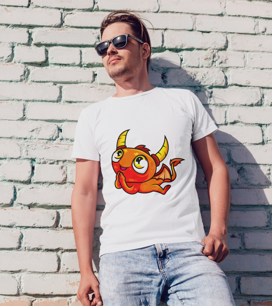 Orange Dragon Cute Cartoon Character With Horns And Wings T-Shirt