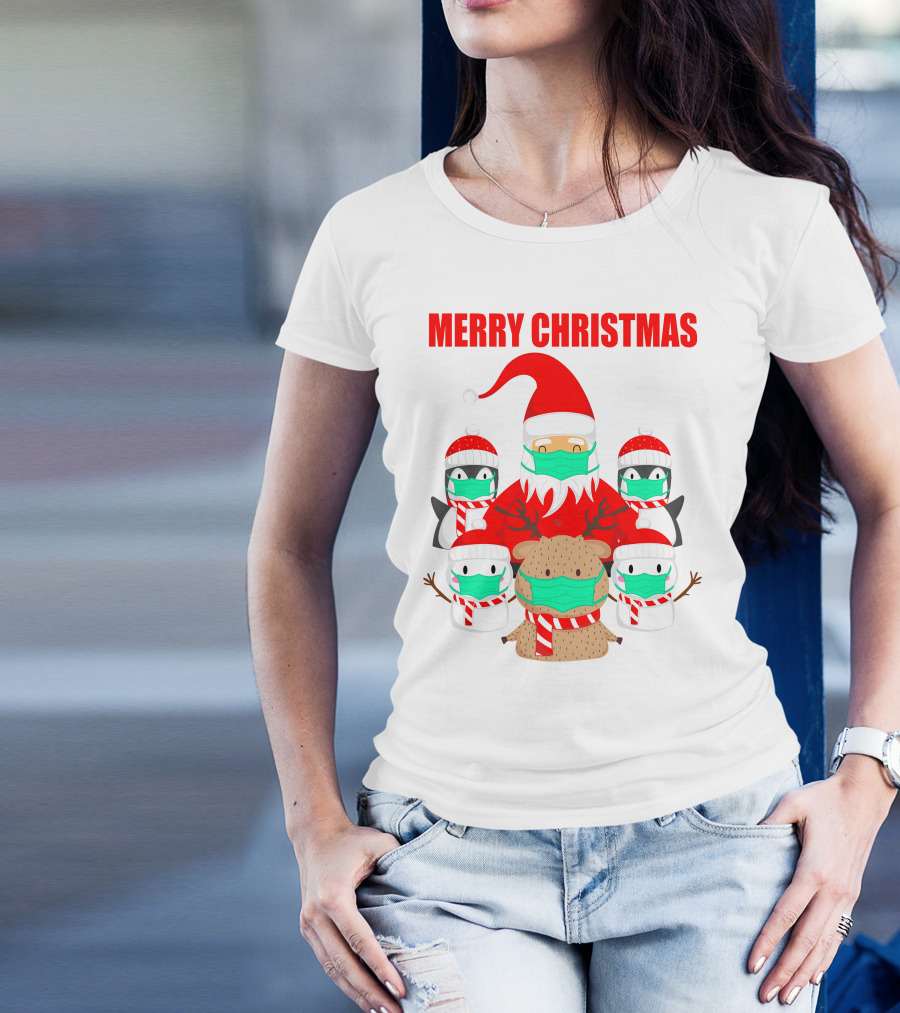 Merry Christmas Santa Deer Penguin Social Distance T-Shirt