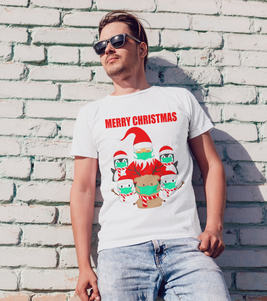 Merry Christmas Santa Deer Penguin Social Distance T-Shirt