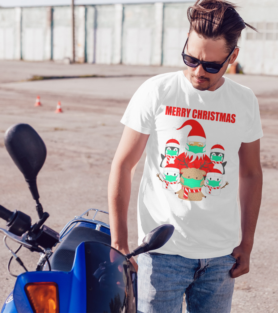 Merry Christmas Santa Deer Penguin Social Distance T-Shirt