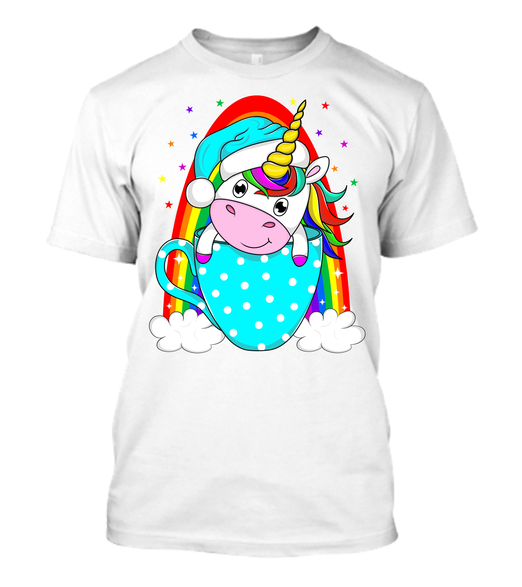 Unicorn In Polka Dot Blue Cup With Rainbow And Stars T-Shirt