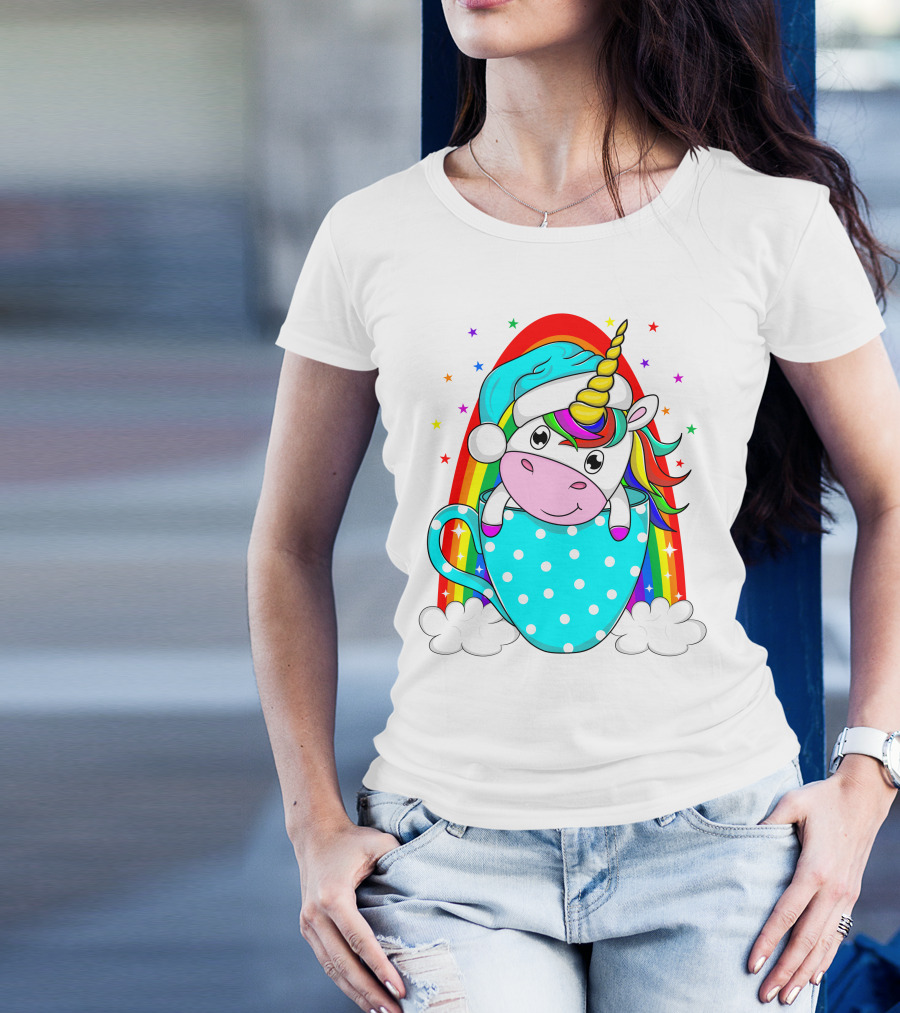 Unicorn In Polka Dot Blue Cup With Rainbow And Stars T-Shirt