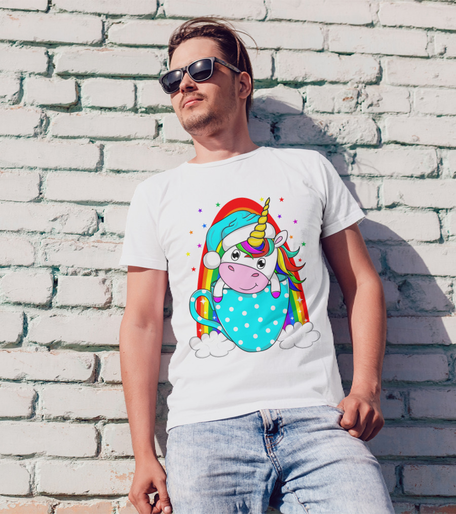 Unicorn In Polka Dot Blue Cup With Rainbow And Stars T-Shirt