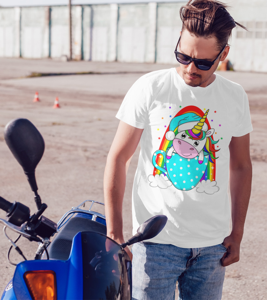Unicorn In Polka Dot Blue Cup With Rainbow And Stars T-Shirt