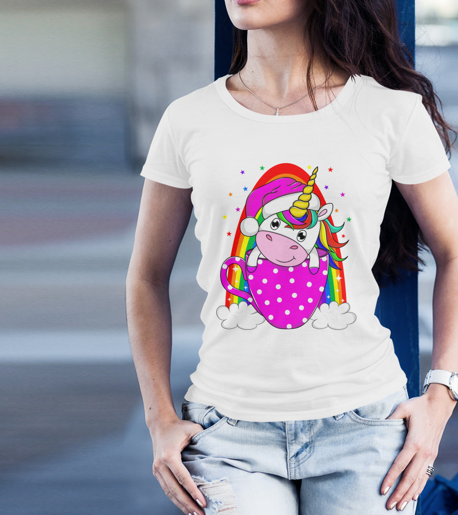 Unicorn Rainbow Santa In Pink Polka Dot Cup T-Shirt