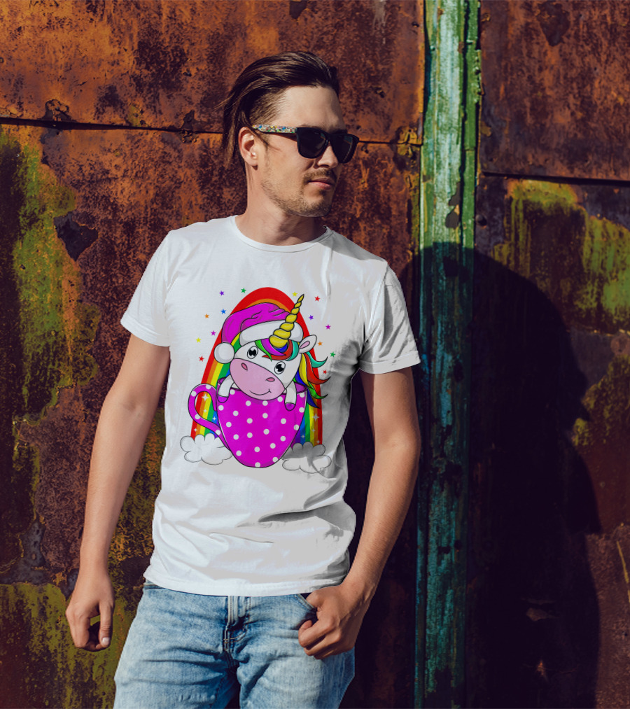 Unicorn Rainbow Santa In Pink Polka Dot Cup T-Shirt