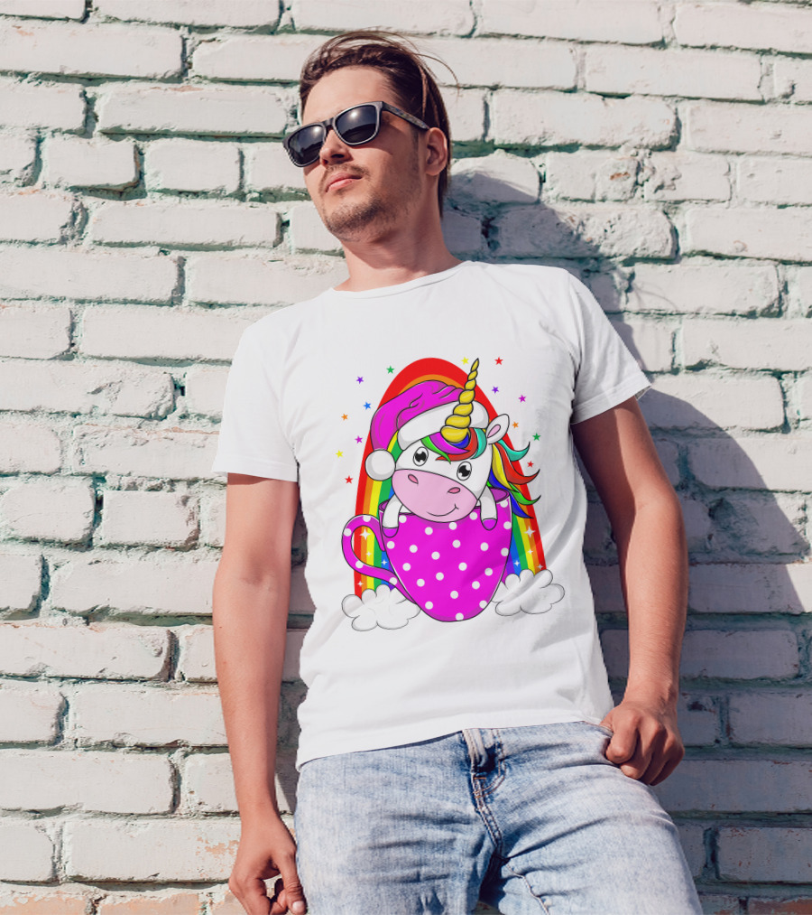 Unicorn Rainbow Santa In Pink Polka Dot Cup T-Shirt