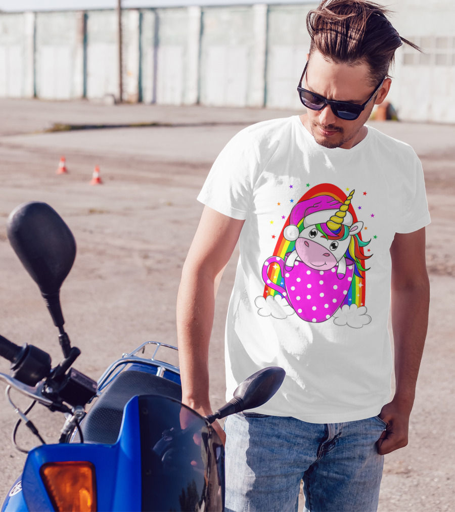 Unicorn Rainbow Santa In Pink Polka Dot Cup T-Shirt
