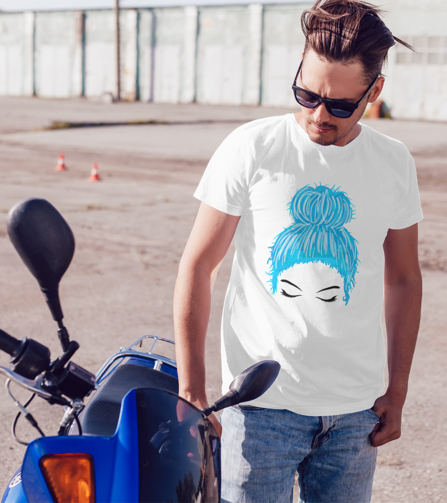 Messy Bun Blue Hair Momlife Trendy Hairstyle Sketch T-Shirt