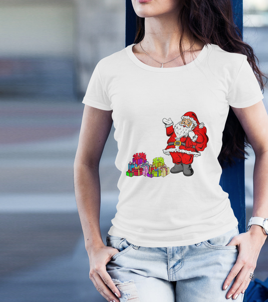Santa Claus Joyfully Delivering Colorful Presents T-Shirt