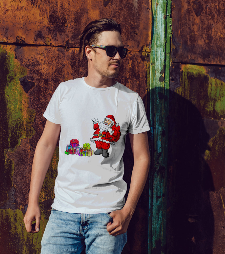 Santa Claus Joyfully Delivering Colorful Presents T-Shirt