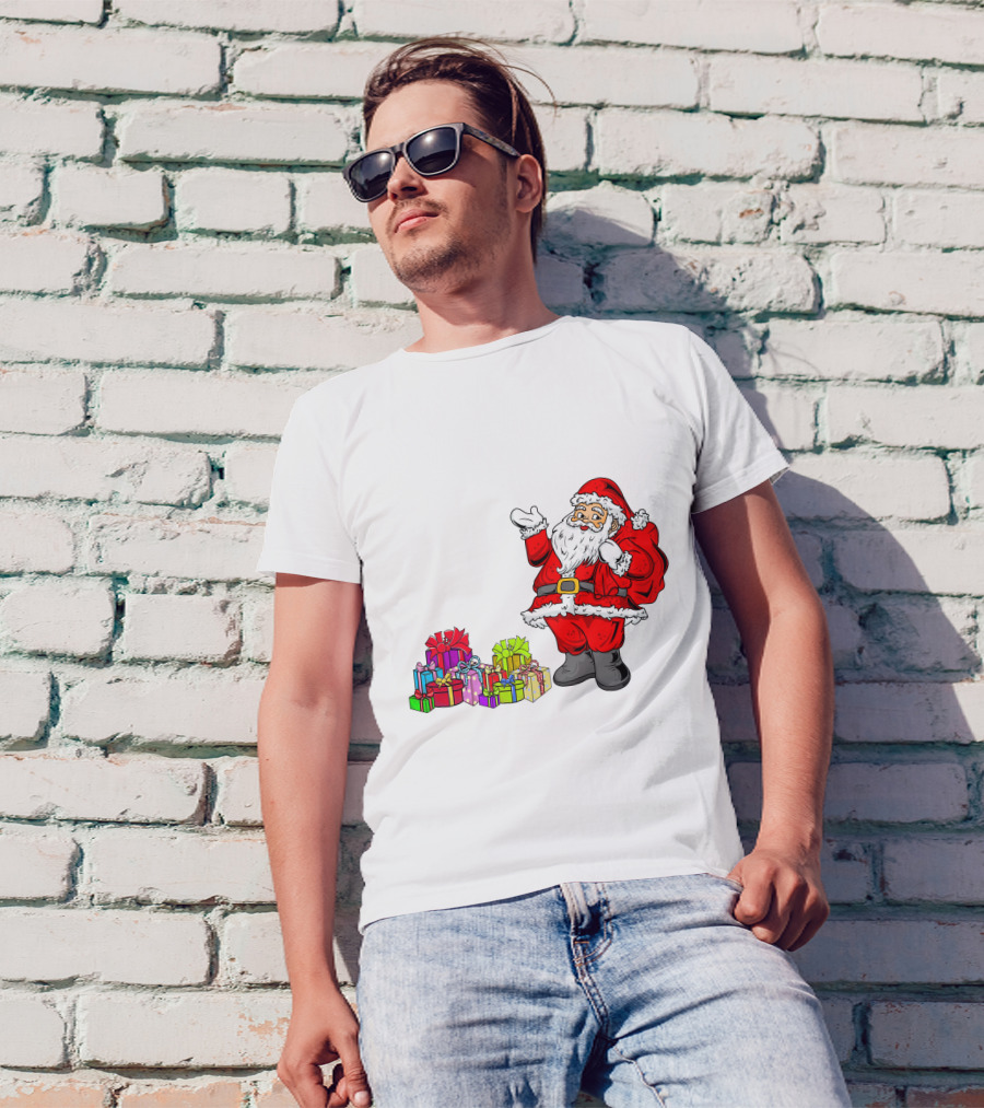 Santa Claus Joyfully Delivering Colorful Presents T-Shirt