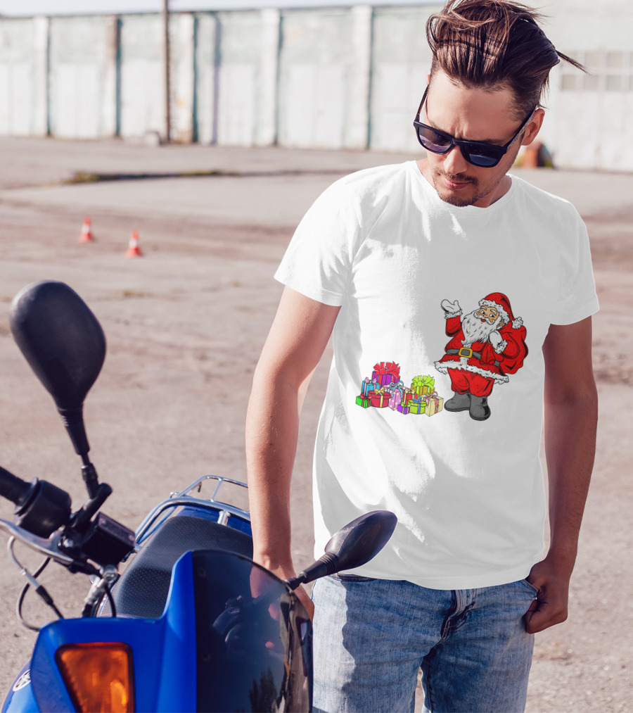 Santa Claus Joyfully Delivering Colorful Presents T-Shirt
