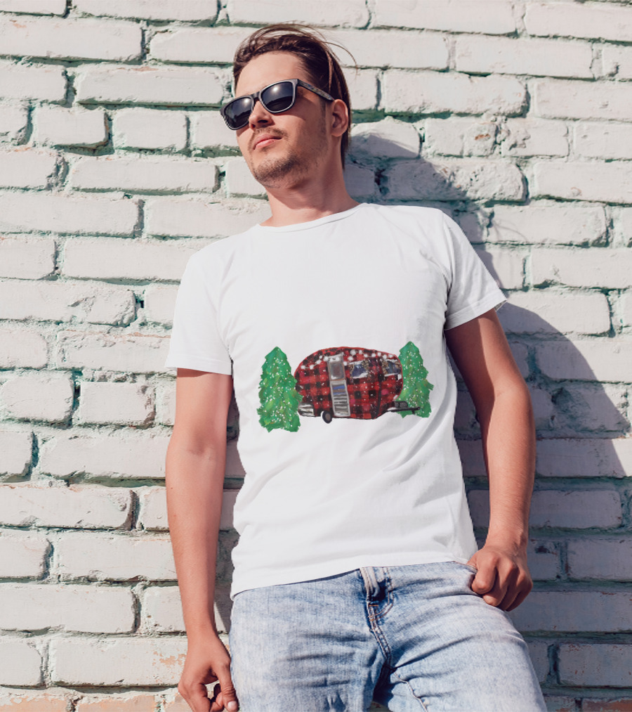 Watercolor Christmas Buffalo Plaid Camper With Trees T-Shirt