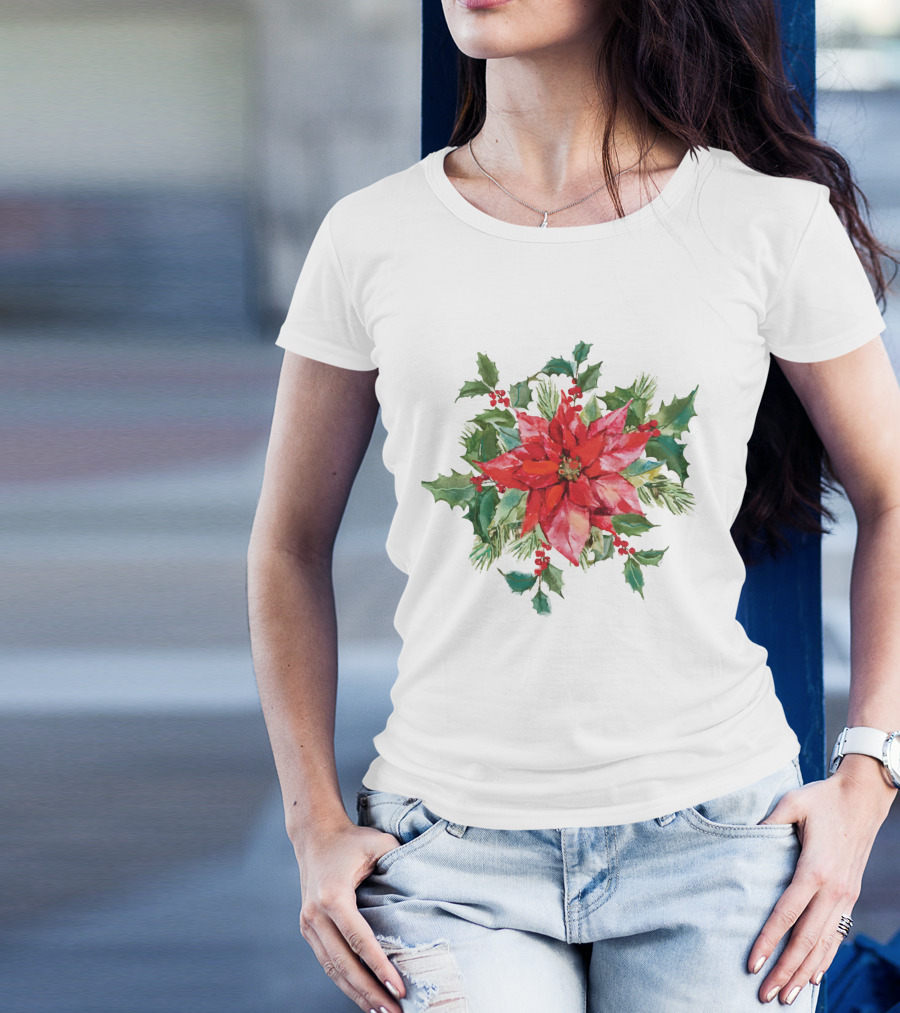 Watercolor Christmas Poinsettia With Holly Leaves And Berries T-Shirt