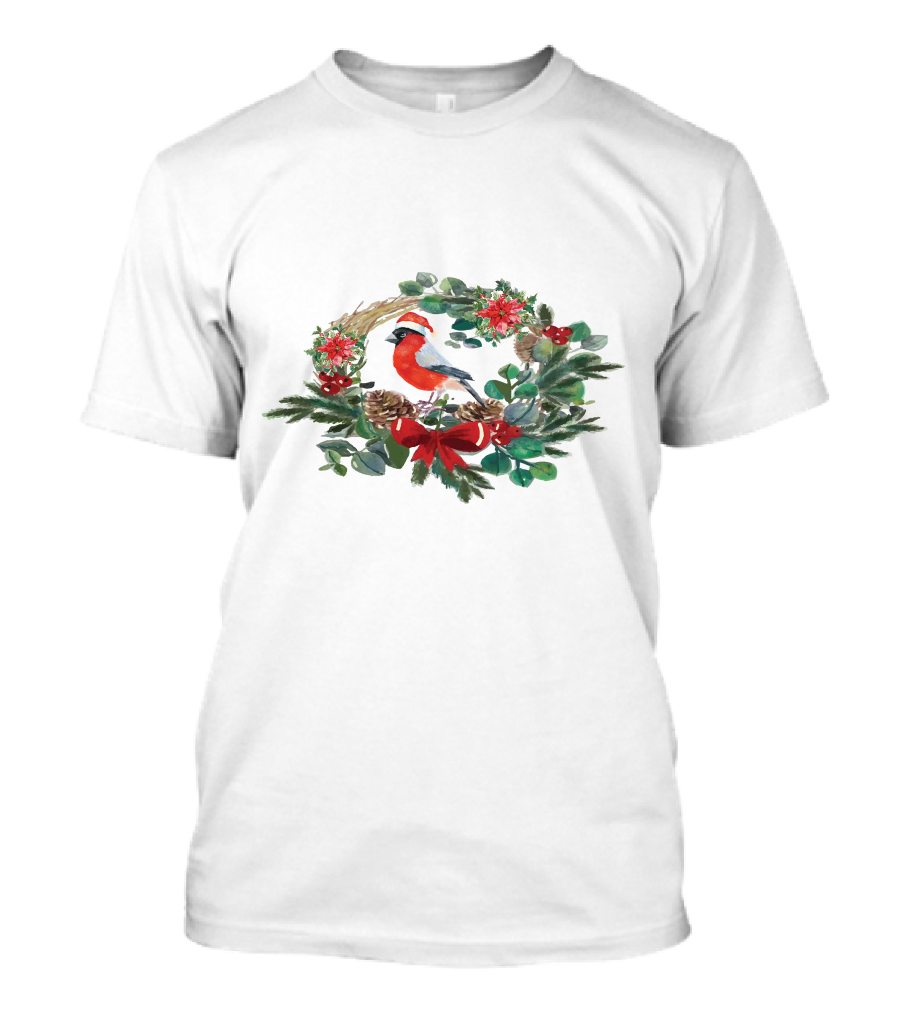 Watercolor Christmas Wreath With Bird And Holiday Decorations T-Shirt