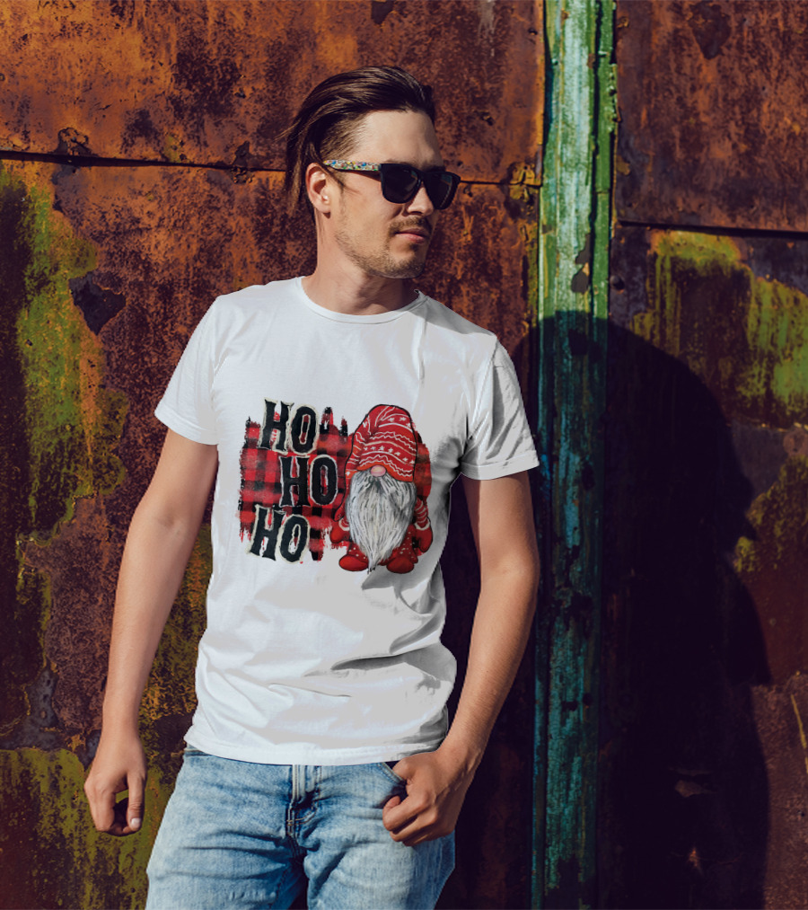 Watercolor Plaid Christmas Gnome Ho Ho Ho Red Holiday T-Shirt