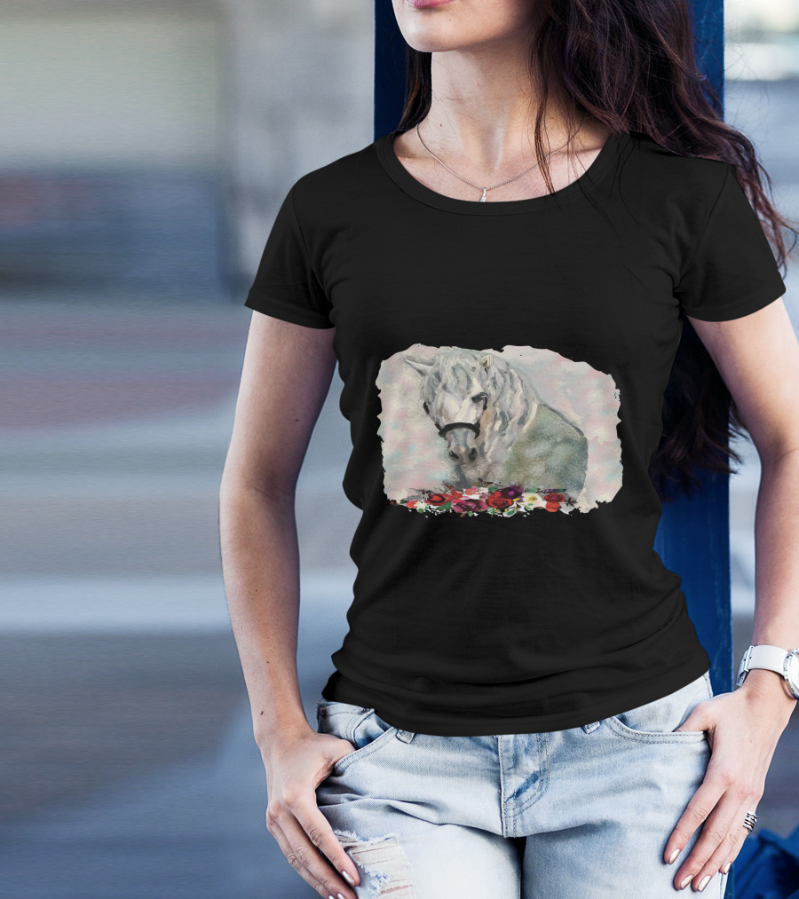 Watercolor White Horse With Floral Accents T-Shirt