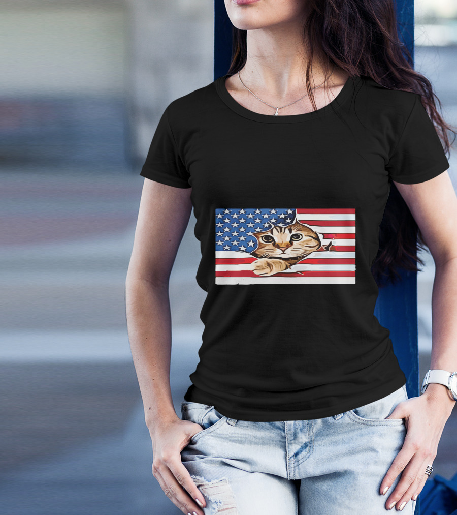 Cat Peeking Through American Flag T-Shirt