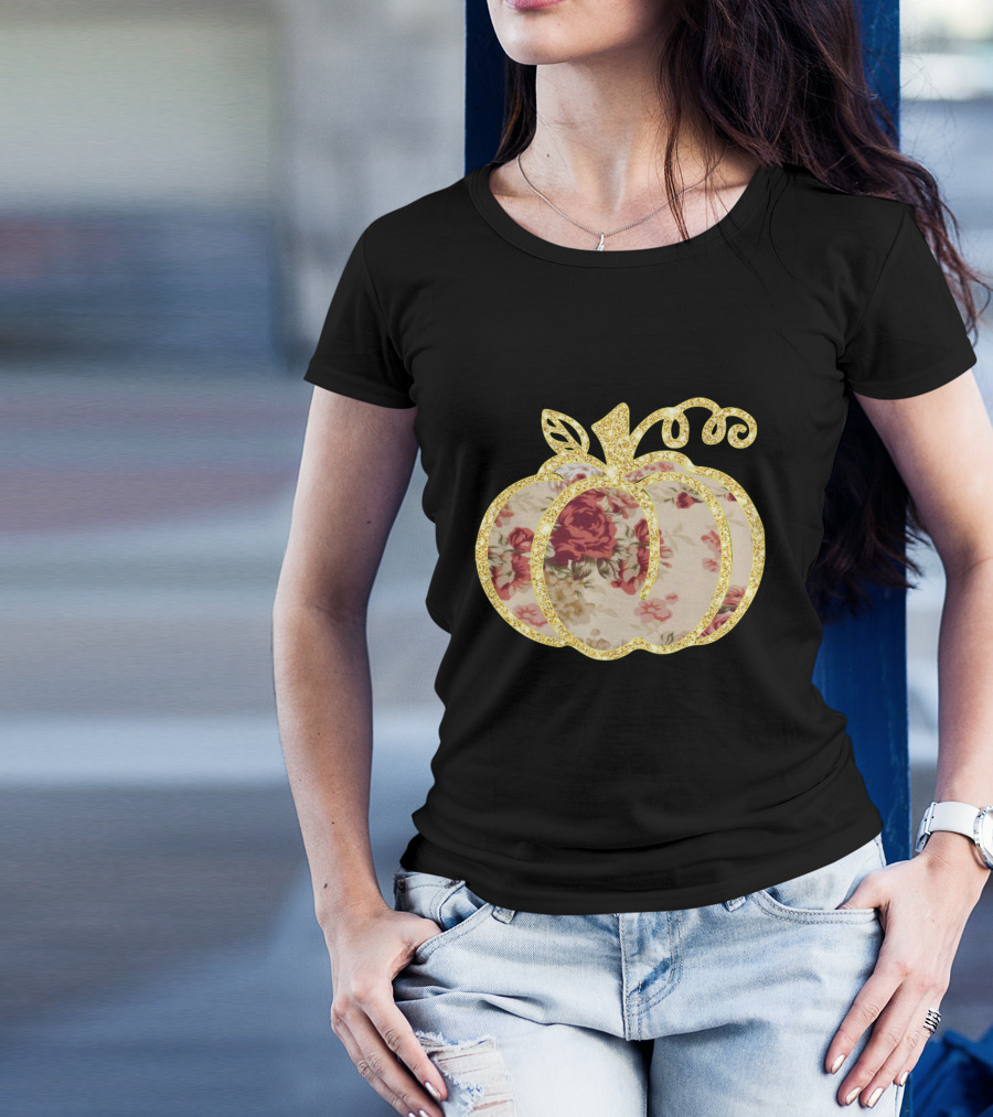 Glitter Floral Pumpkin Gold Trim T-Shirt
