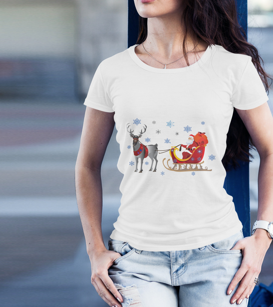 Christmas Santa With Reindeer And Sleigh Surrounded By Snowflakes T-Shirt