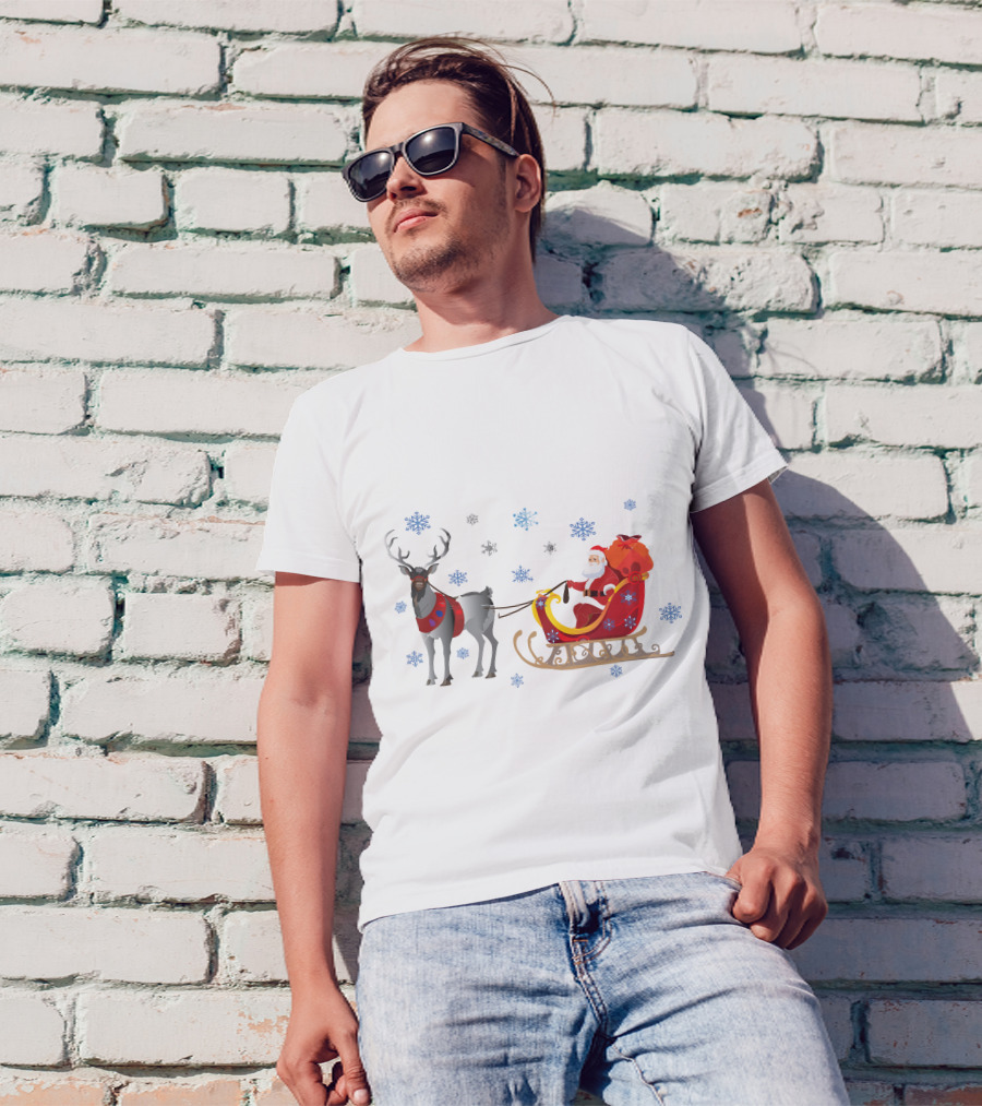 Christmas Santa With Reindeer And Sleigh Surrounded By Snowflakes T-Shirt