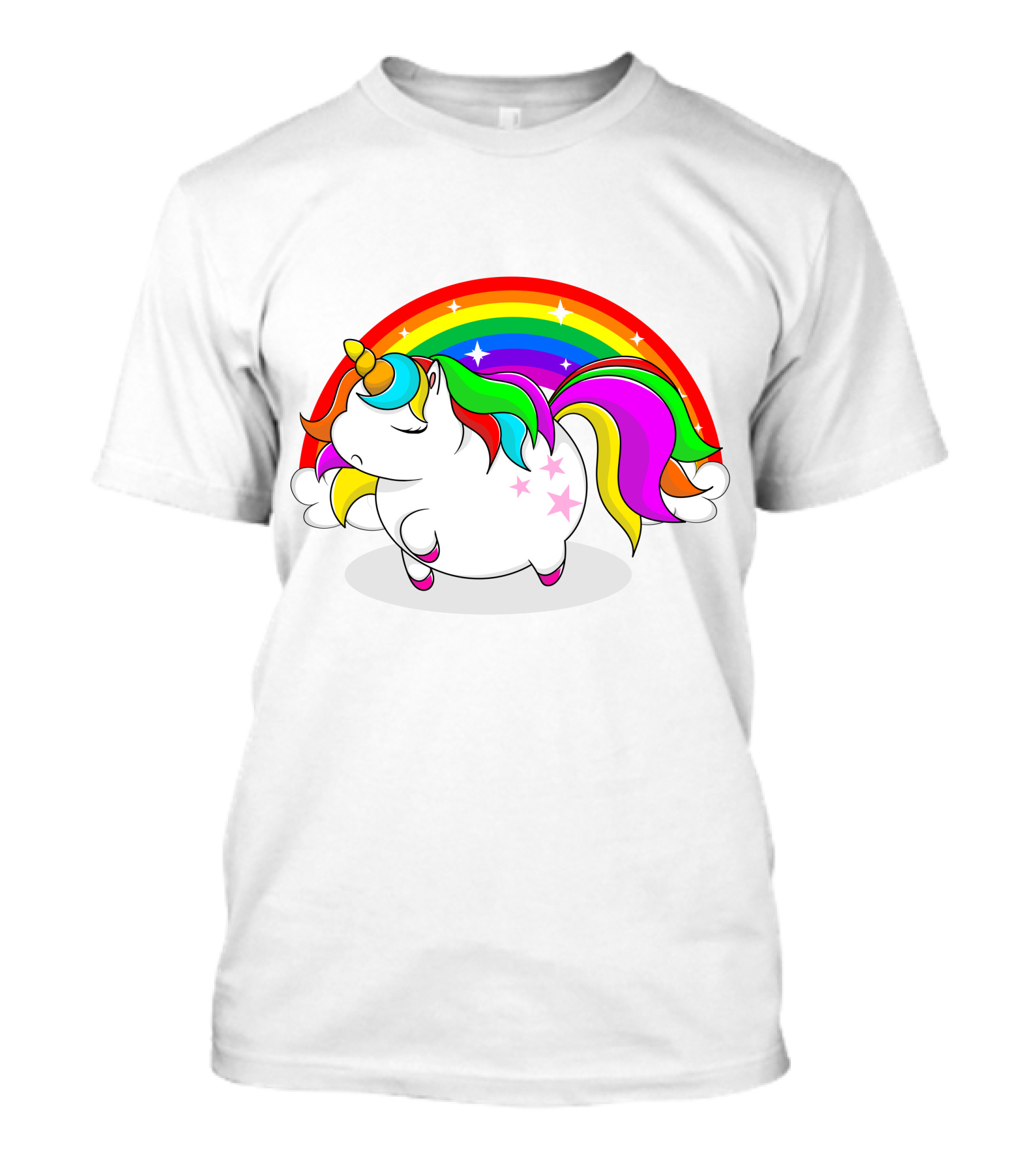 Cute Fat Unicorn With Rainbow Mane And Stars T-Shirt