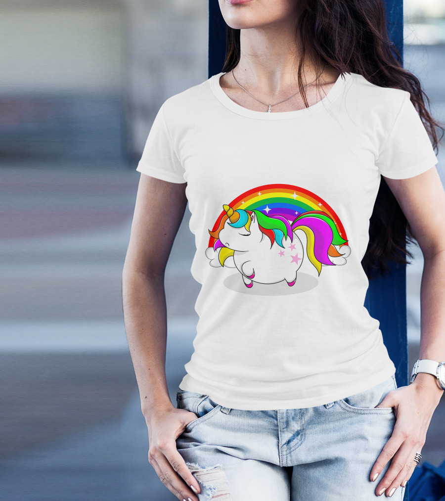 Cute Fat Unicorn With Rainbow Mane And Stars T-Shirt