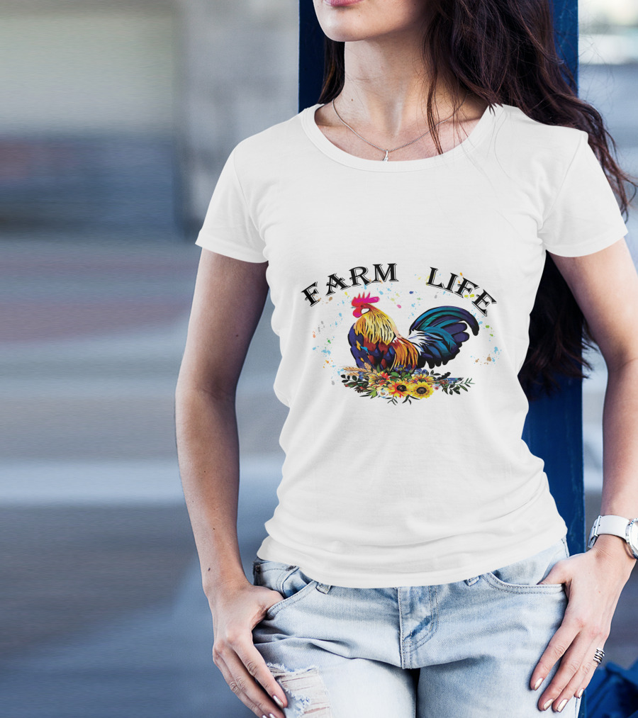 Farm Life Colorful Rooster Floral T-Shirt