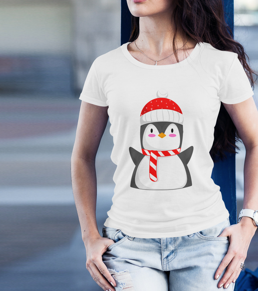 Pinguine Wearing Red Hat And Scarf Resembling A Snowman T-Shirt