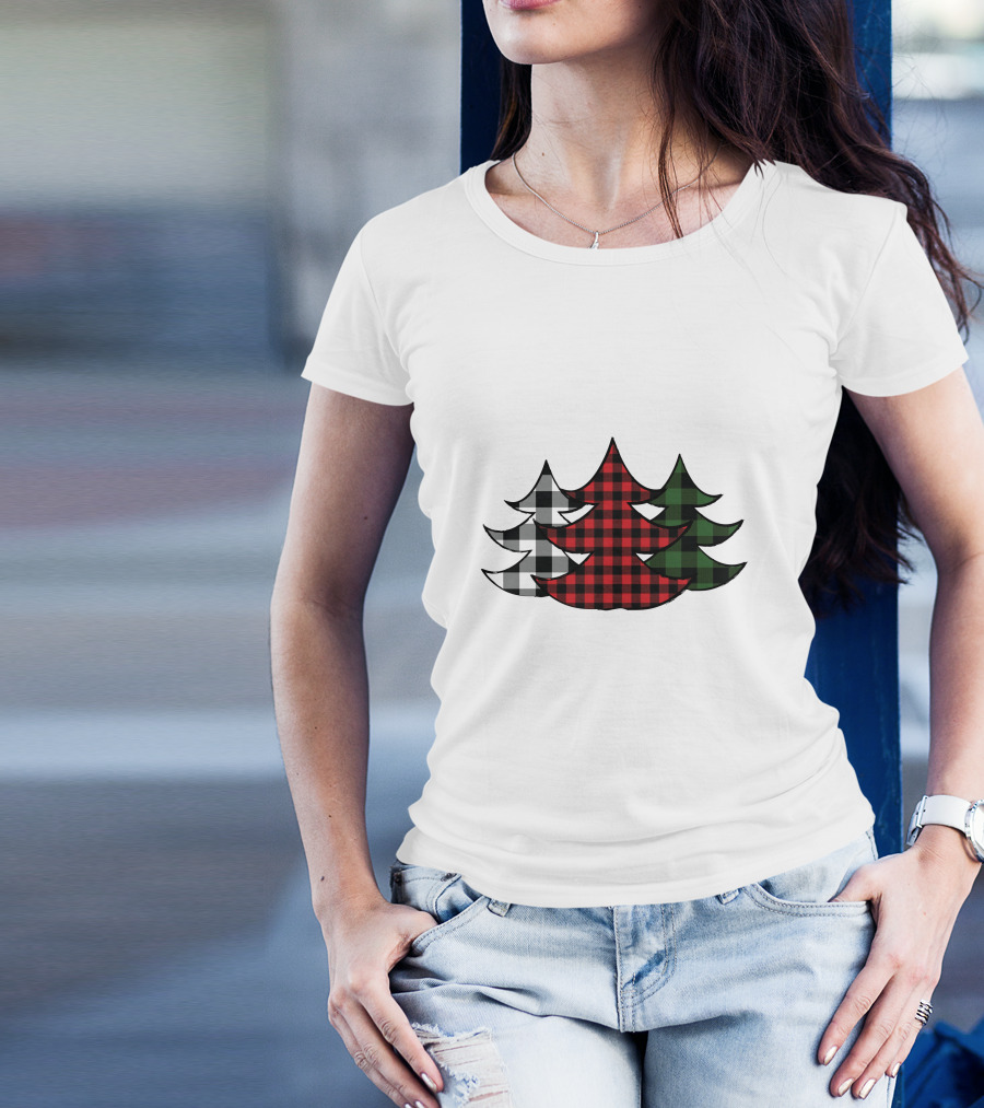 Plaid Christmas Tree Red Green Black White Xmas T-Shirt