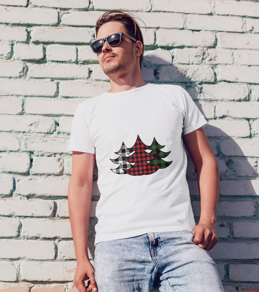 Plaid Christmas Tree Red Green Black White Xmas T-Shirt