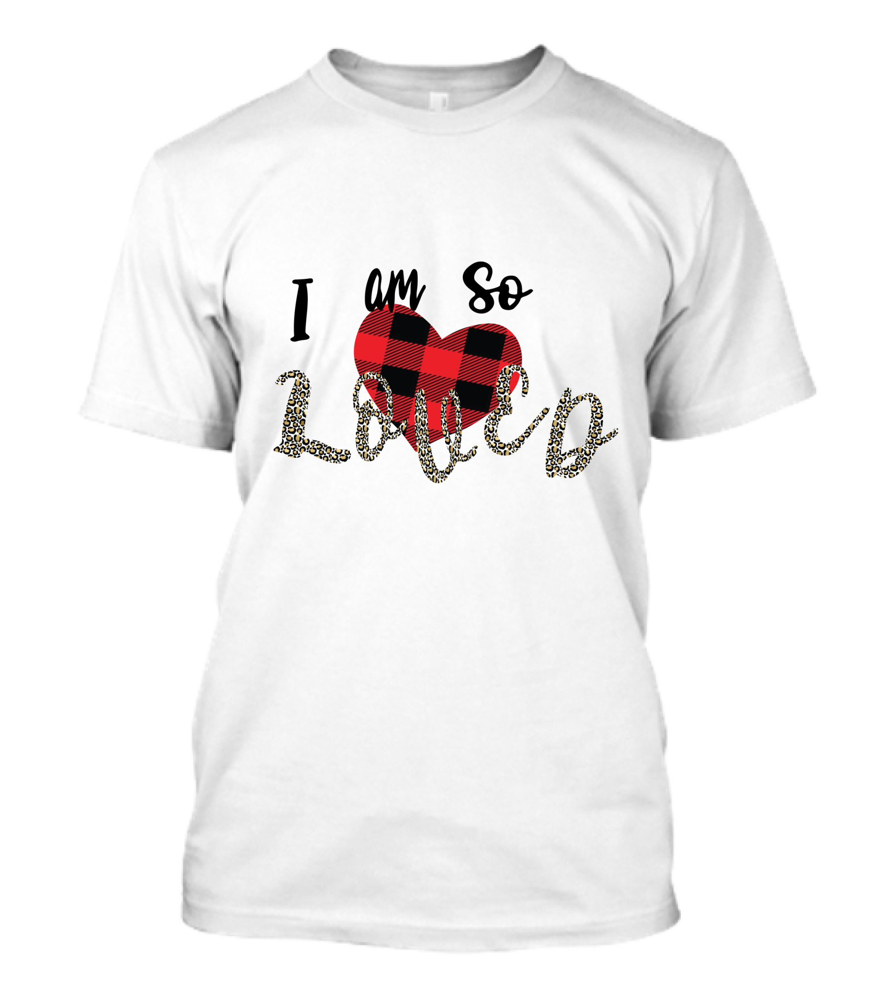 I Am So Loved Valentines Day Buffalo Plaid Heart Leopard Print T-Shirt