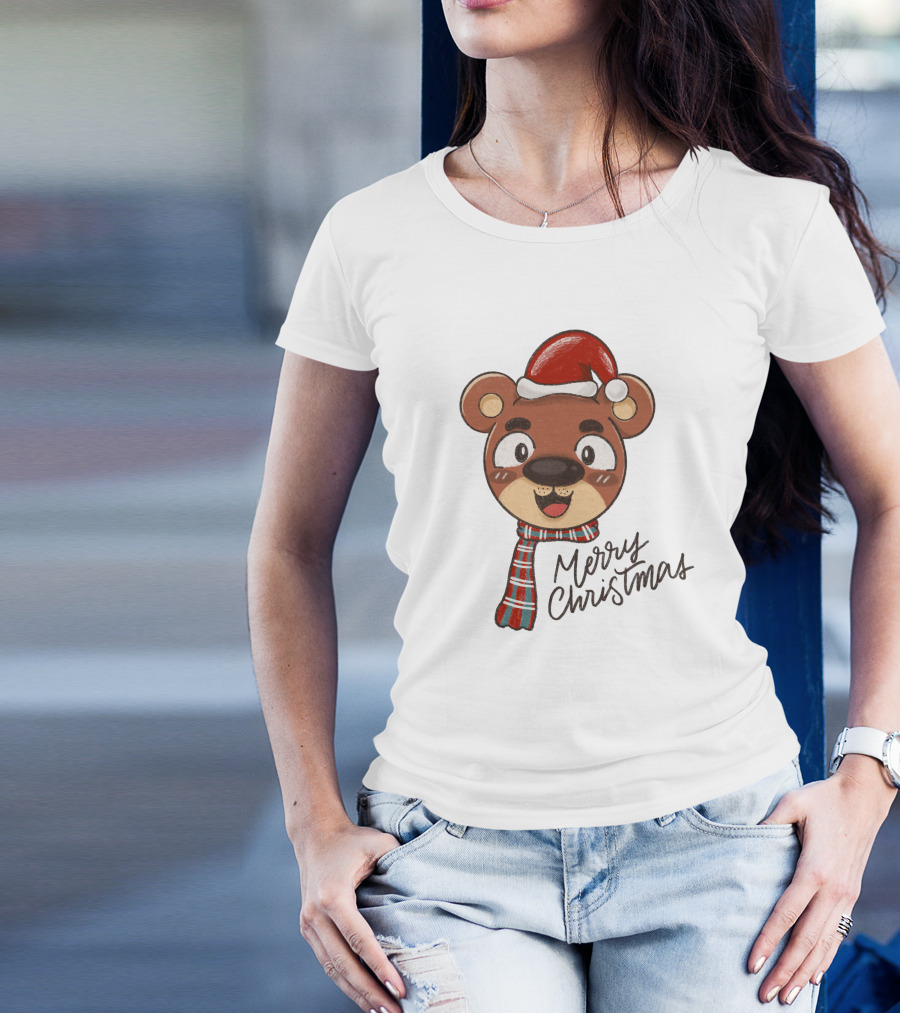 Merry Christmas Bear Wearing Santa Hat And Scarf T-Shirt