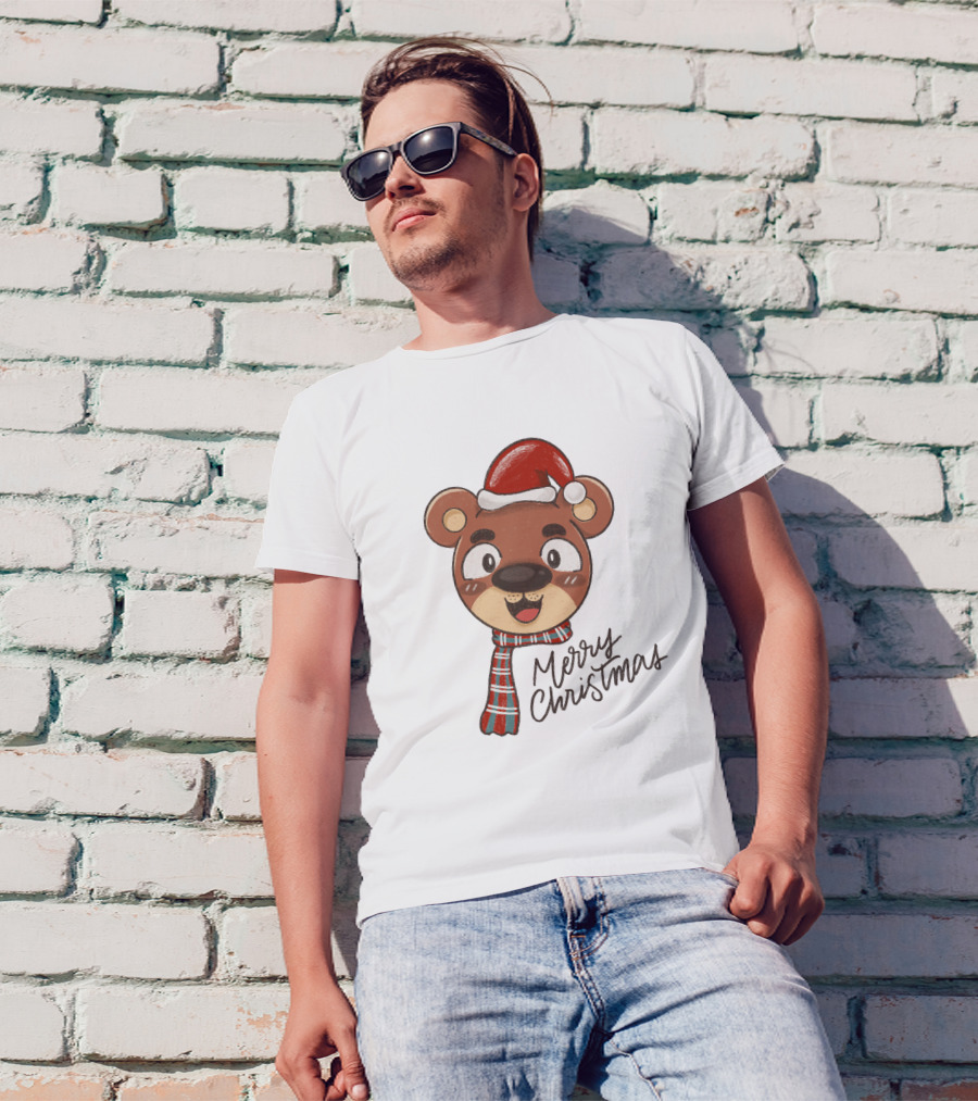 Merry Christmas Bear Wearing Santa Hat And Scarf T-Shirt