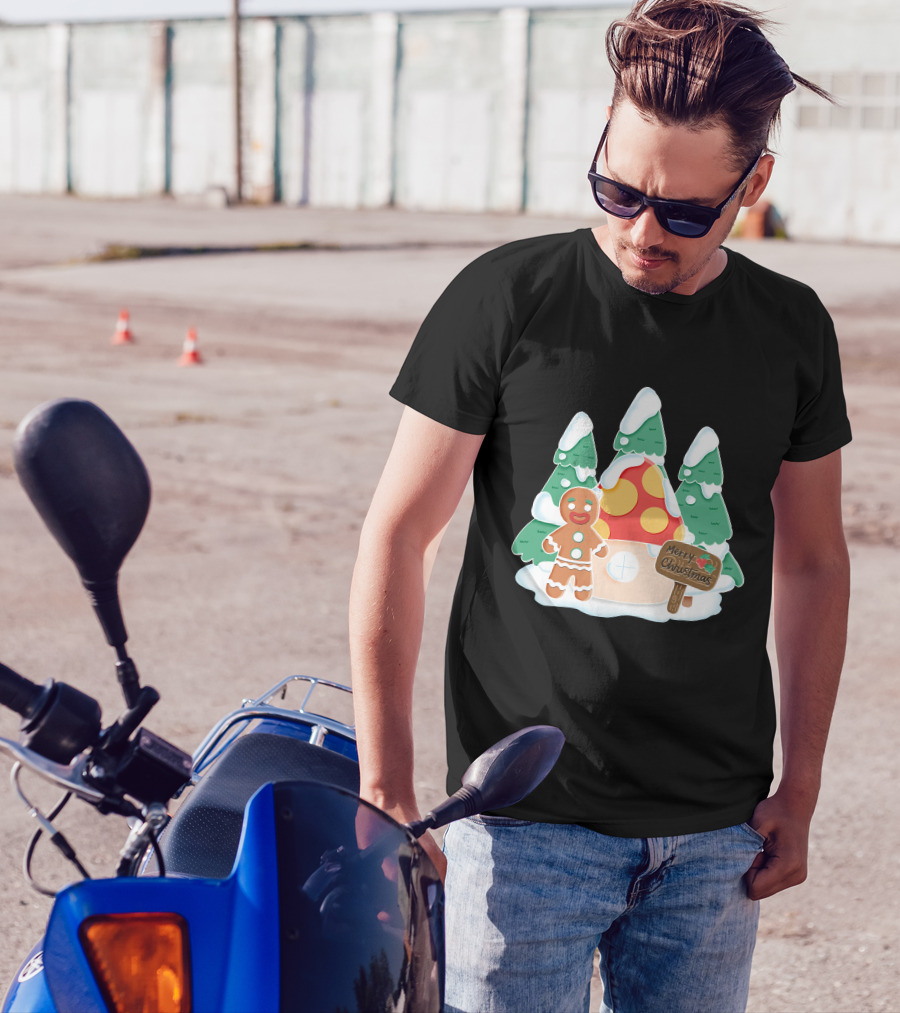 Merry Christmas Gingerman House With Snowy Trees And Mushroom Roof T-Shirt