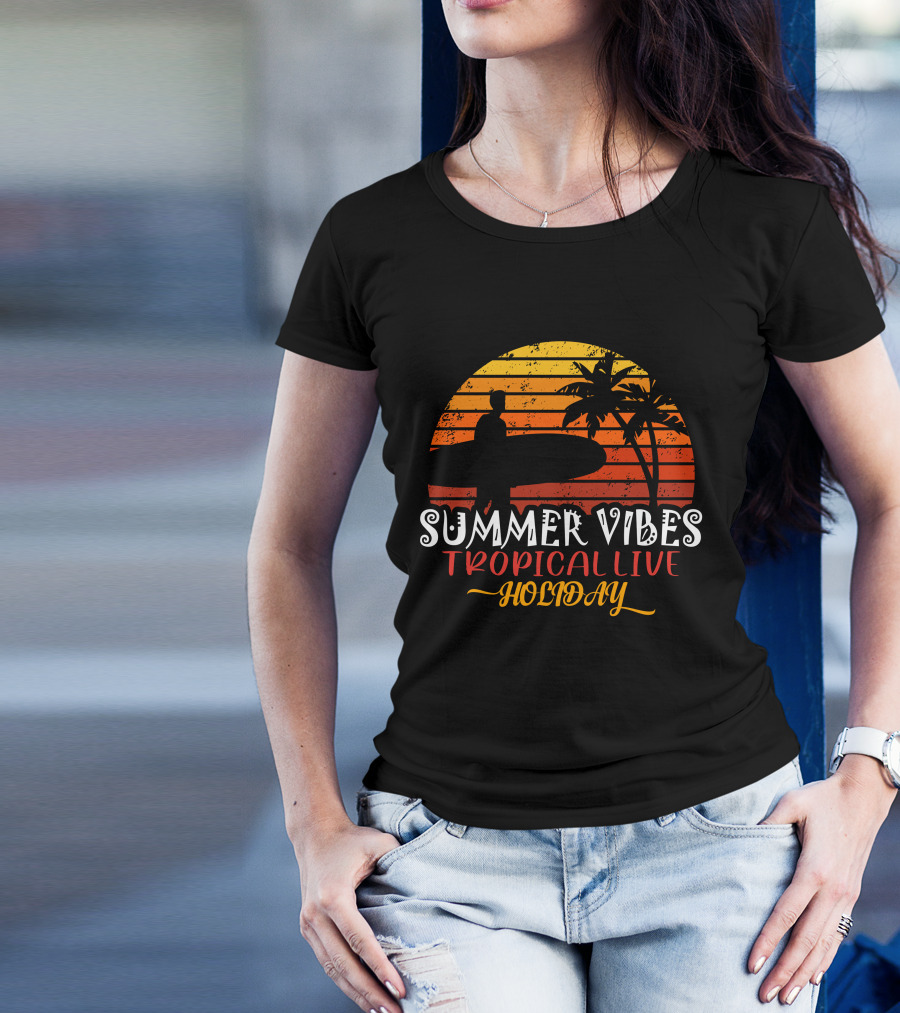 Summer Vibes Tropical Live Holiday Surfer Sunset Palms T-Shirt