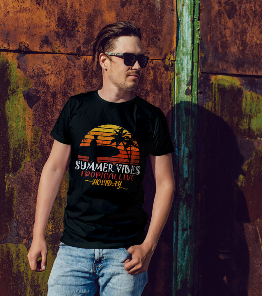 Summer Vibes Tropical Live Holiday Surfer Sunset Palms T-Shirt