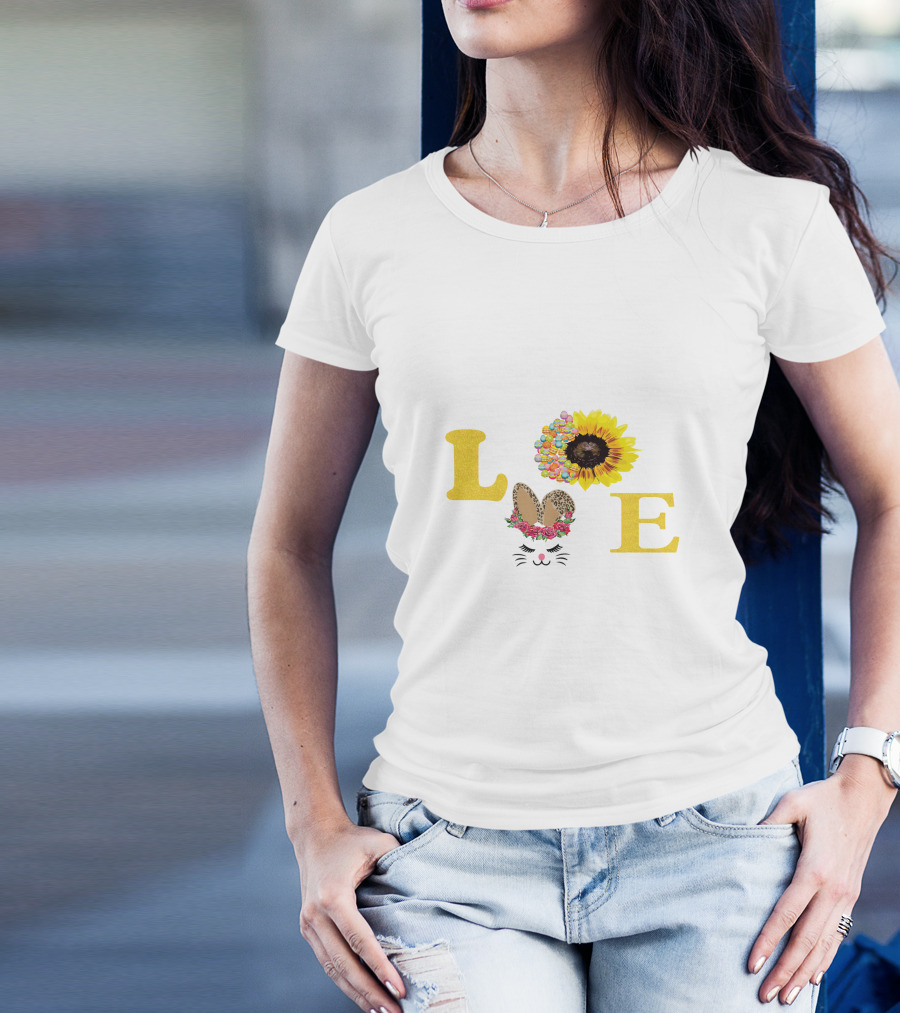Love Sunflower Bunny With Floral Ears And Cheetah Print Bow T-Shirt