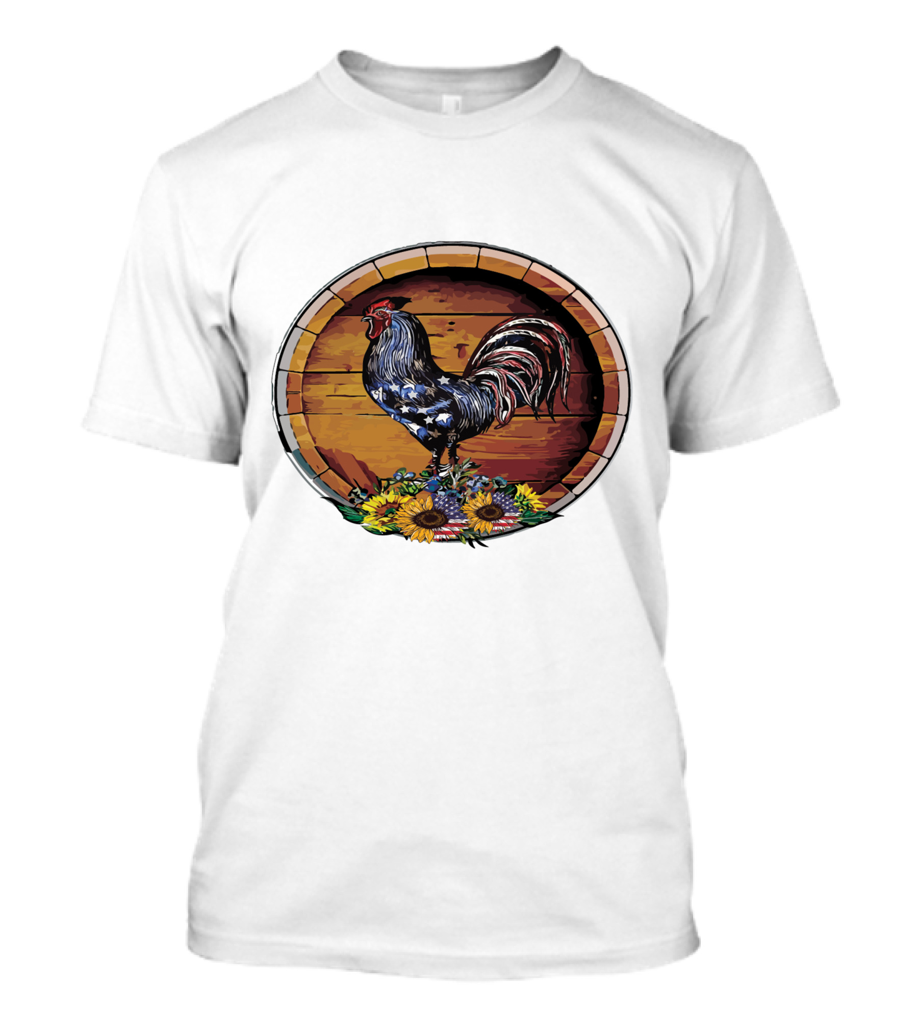 USA Rooster On Wine Barrel With Sunflowers T-Shirt