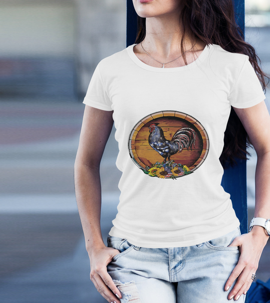 USA Rooster On Wine Barrel With Sunflowers T-Shirt