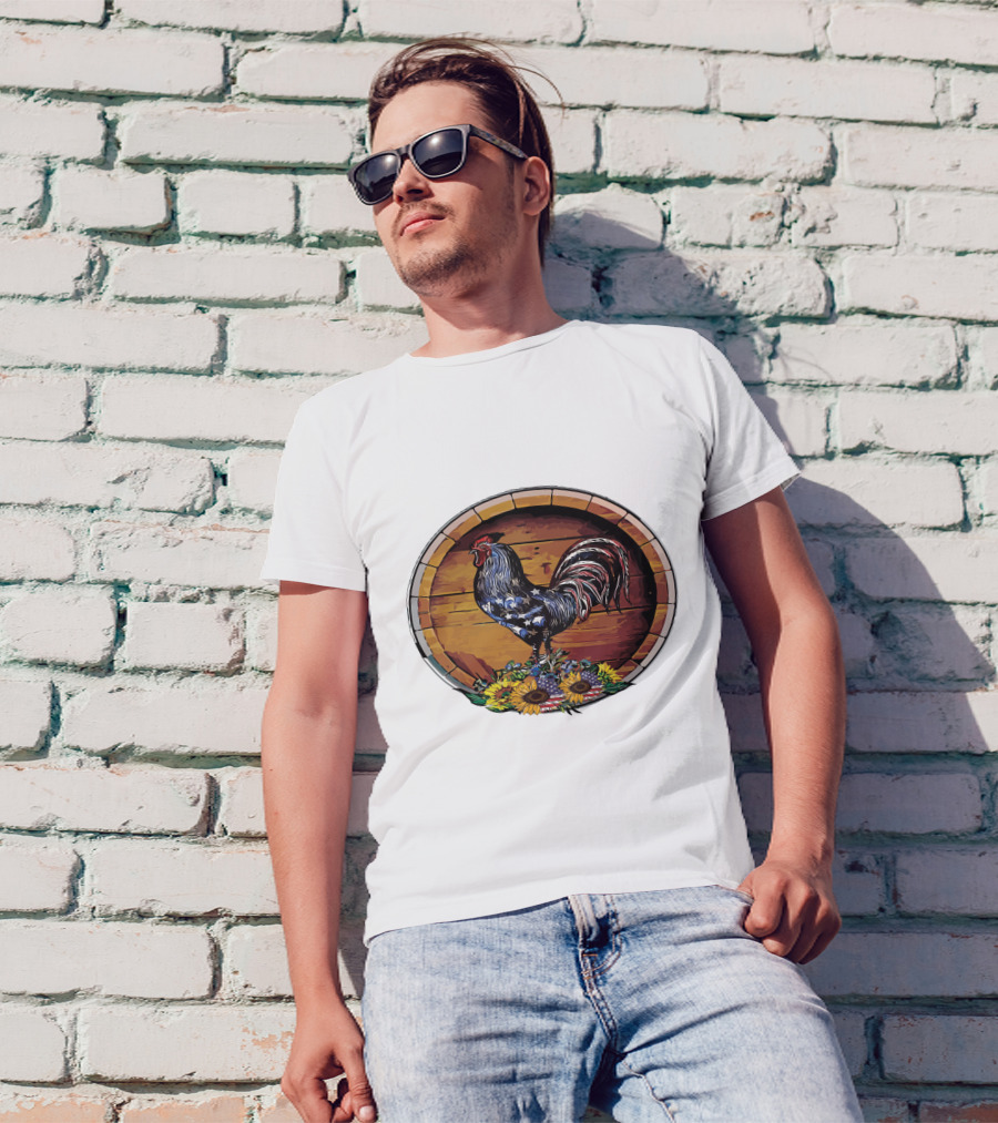USA Rooster On Wine Barrel With Sunflowers T-Shirt