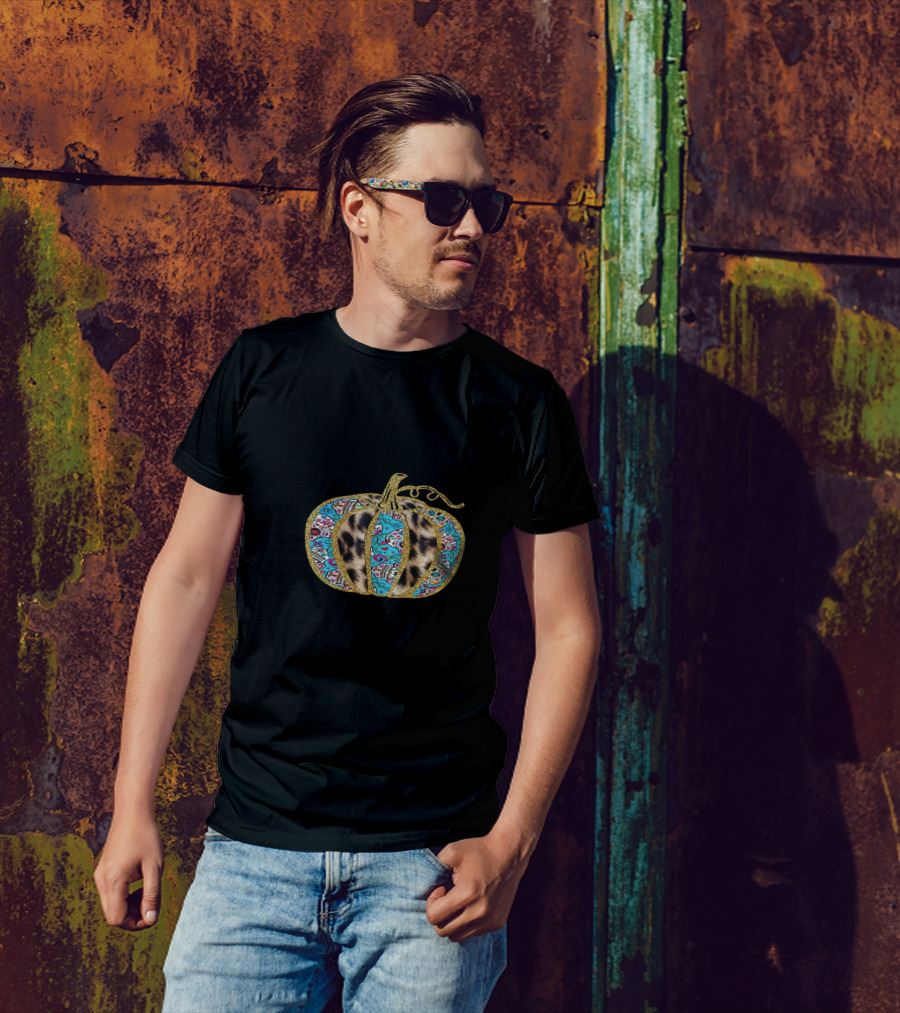 Leopard Turquoise Sugar Skull Pattern Pumpkin T-Shirt