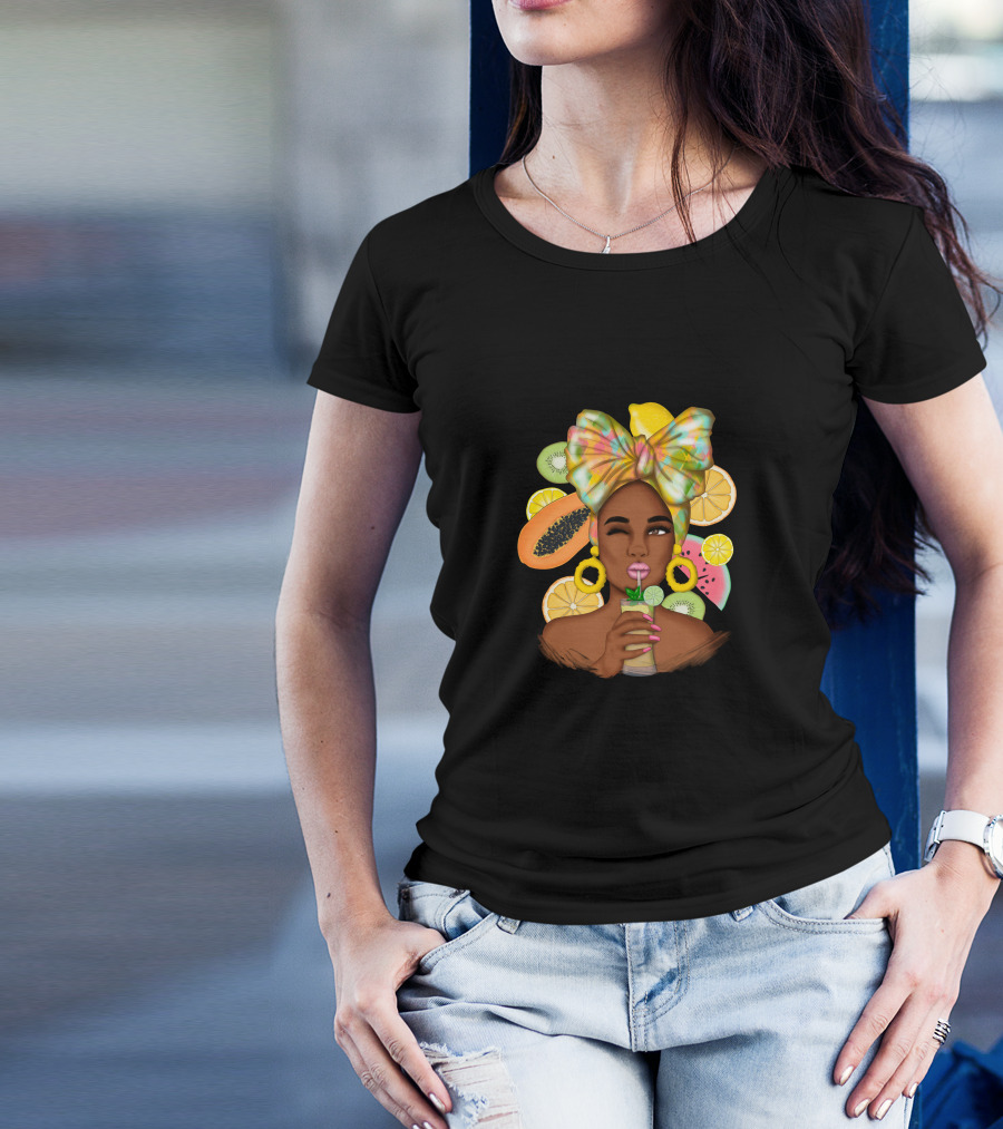 Fruit Design Afro Woman With Colorful Headwrap And Tropical Fruits T-Shirt