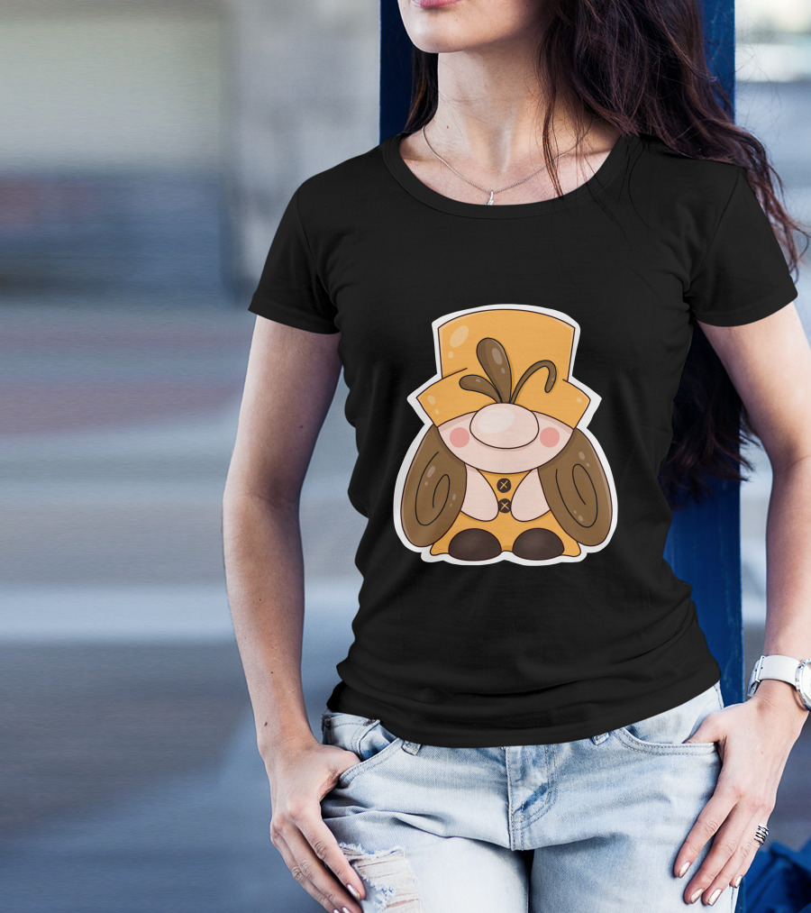 Gnome Vibes Whimsical Yellow Hat Brown Twirls T-Shirt