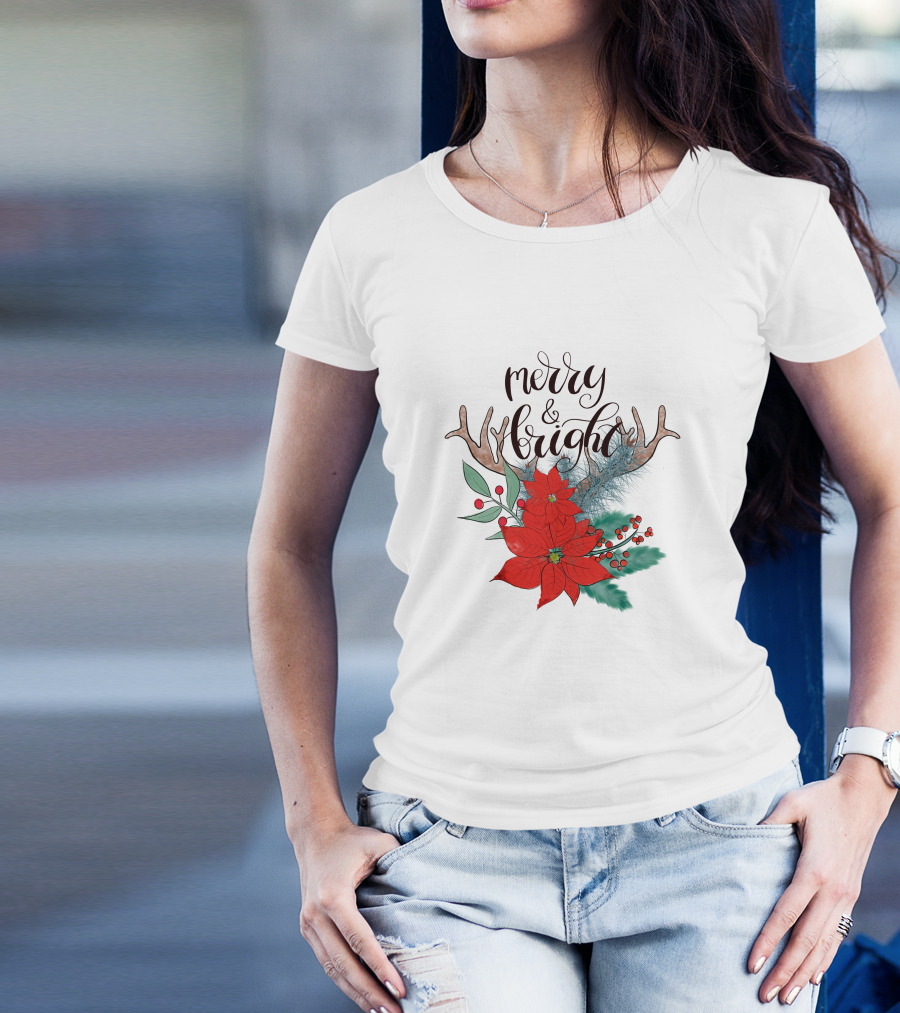 Merry And Bright Antler Poinsettia Christmas Florals T-Shirt