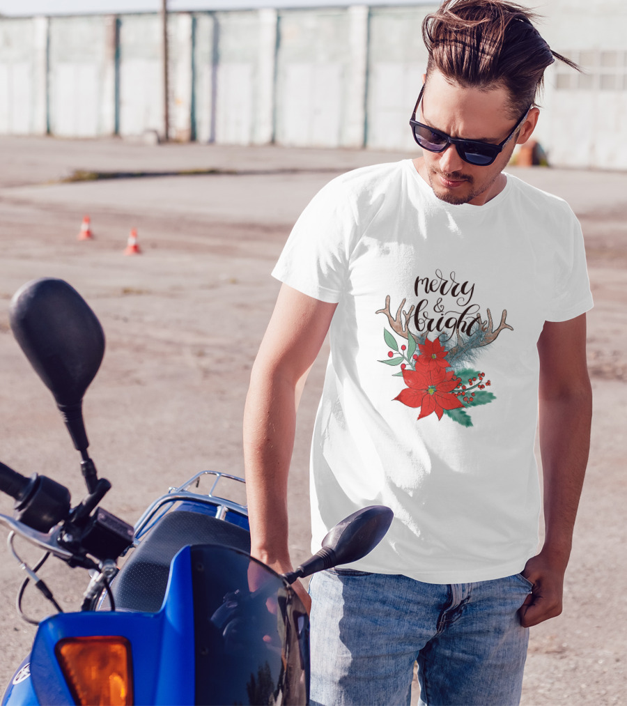 Merry And Bright Antler Poinsettia Christmas Florals T-Shirt