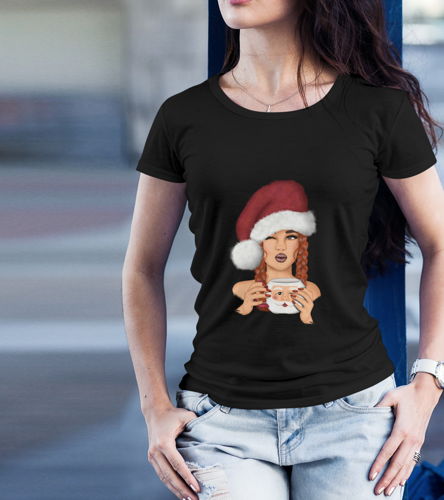 Christmas Red Hair Girl With Santa Hat And Santa Mug T-Shirt