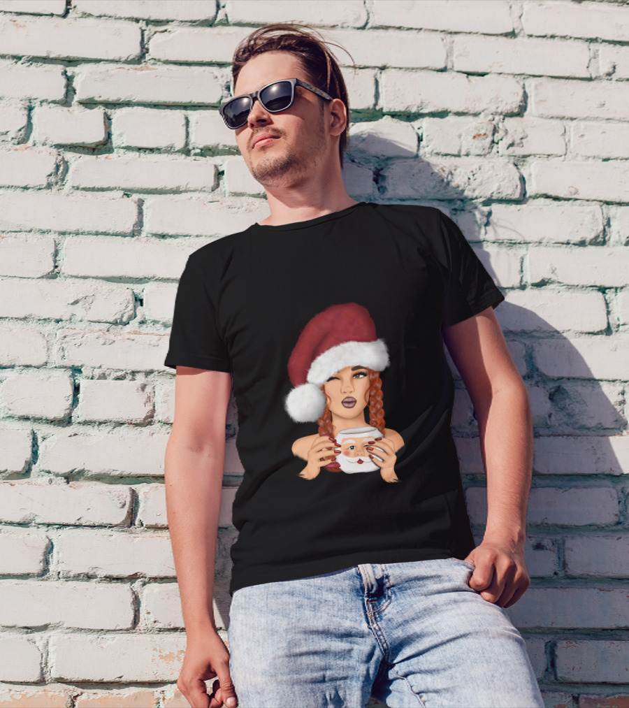 Christmas Red Hair Girl With Santa Hat And Santa Mug T-Shirt